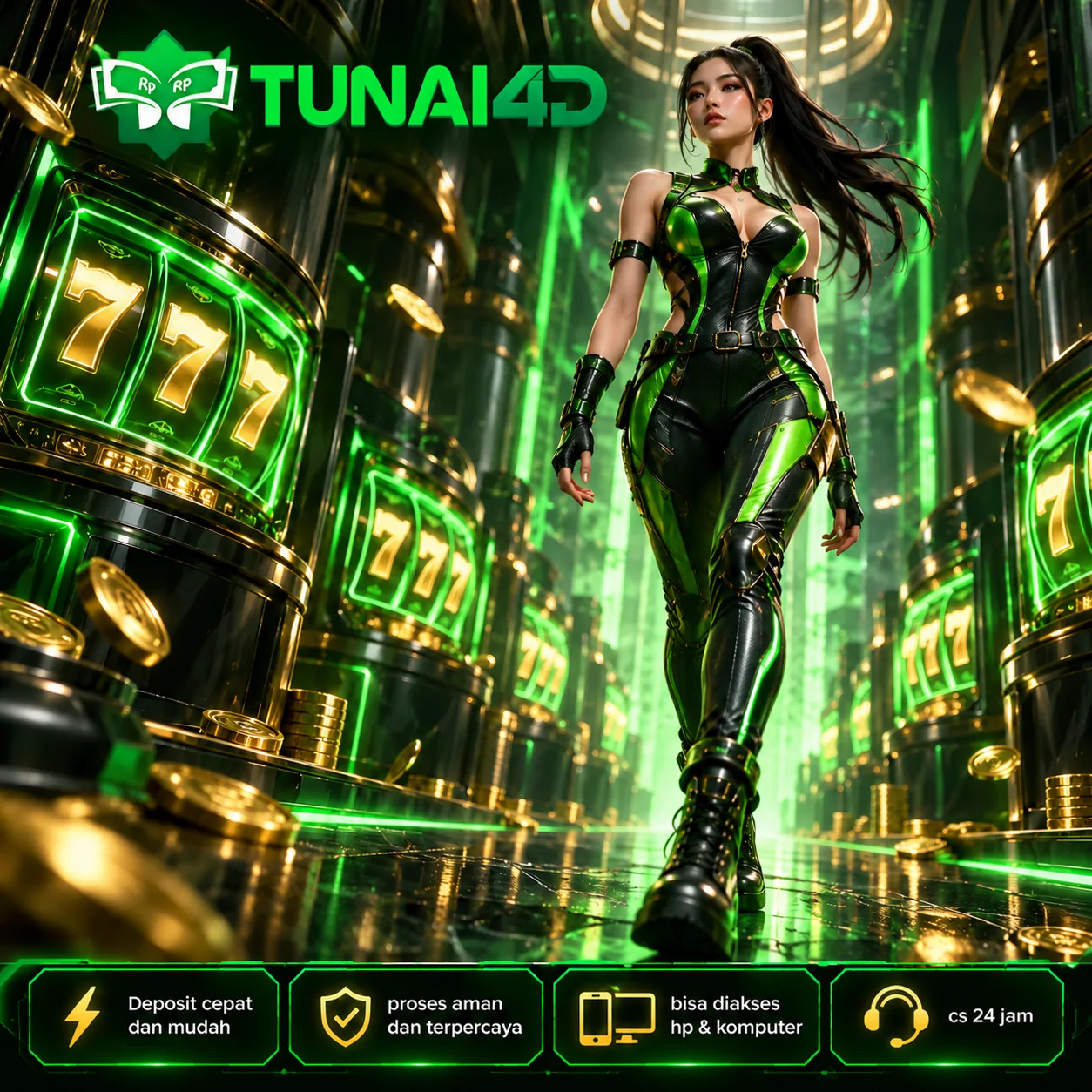 Poster TUNAI4D 1: ilustrasi dunia game digital berwarna hijau dan emas